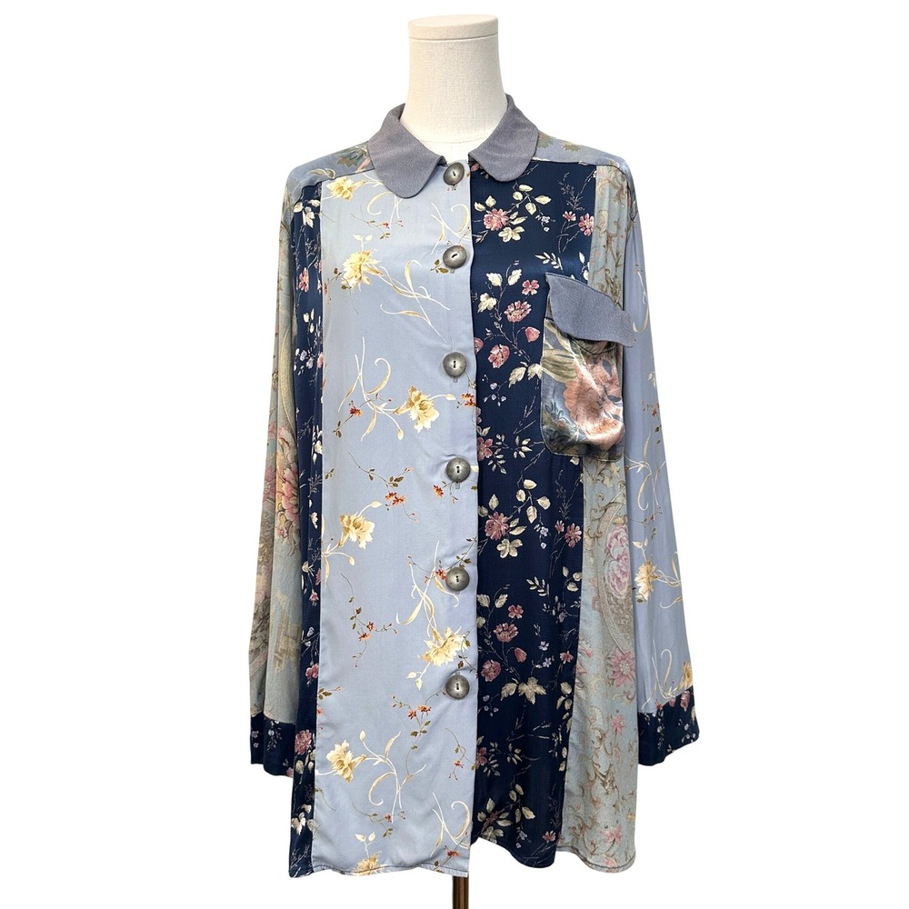 Vintage 90s Carole Little Floral Patchwork Button Front Blouse 16 Cottagecore
